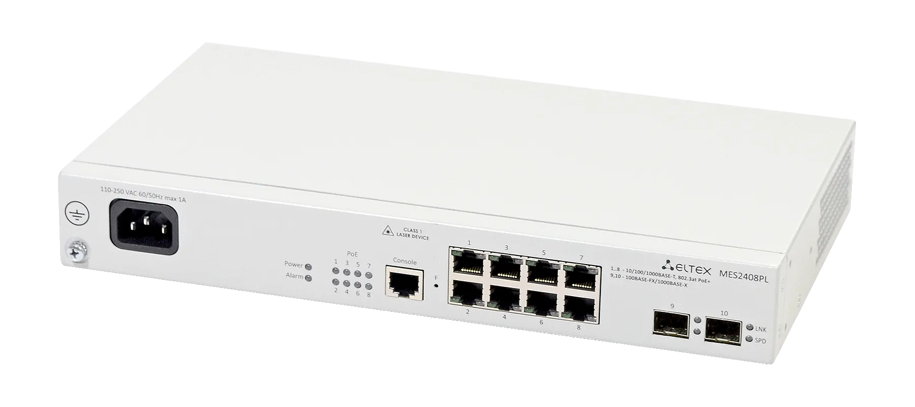 Ethernet-коммутатор MES2408PL, 8xPoE/PoE+ (1G) + 2xCombo (RJ45/SFP), L2, 220V AC